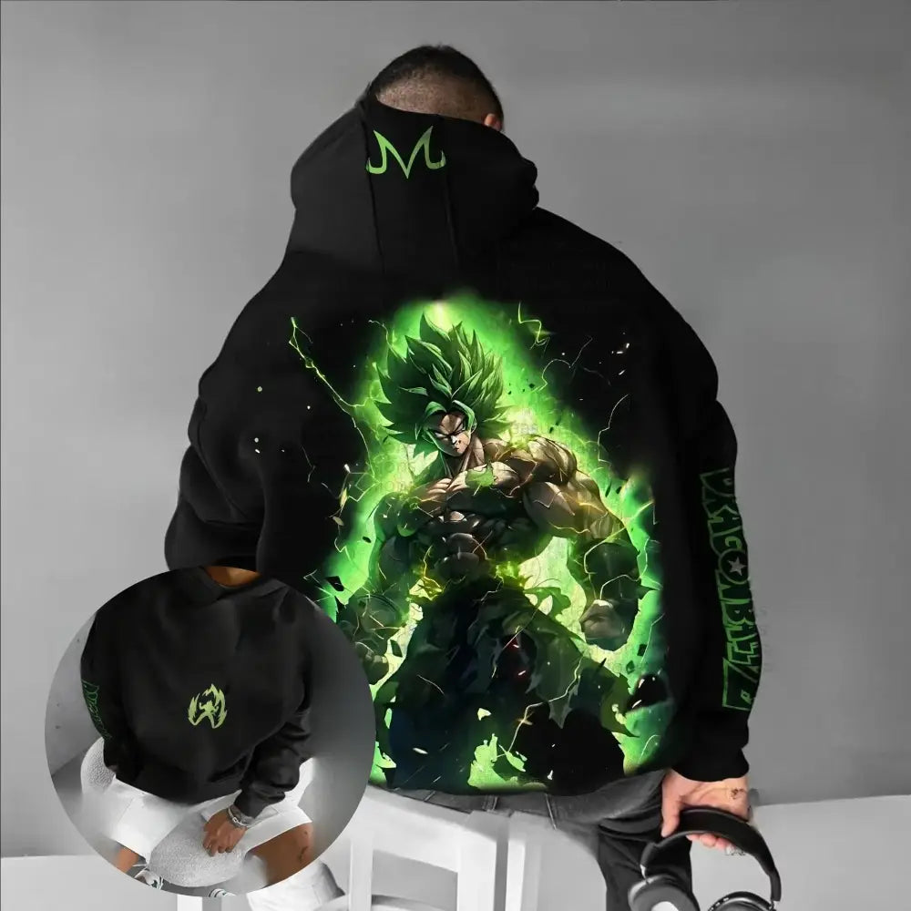 Black dragon ball broly loose fit hoodie with vibrant green goku super saiyan design and dragon ball text on sleeve