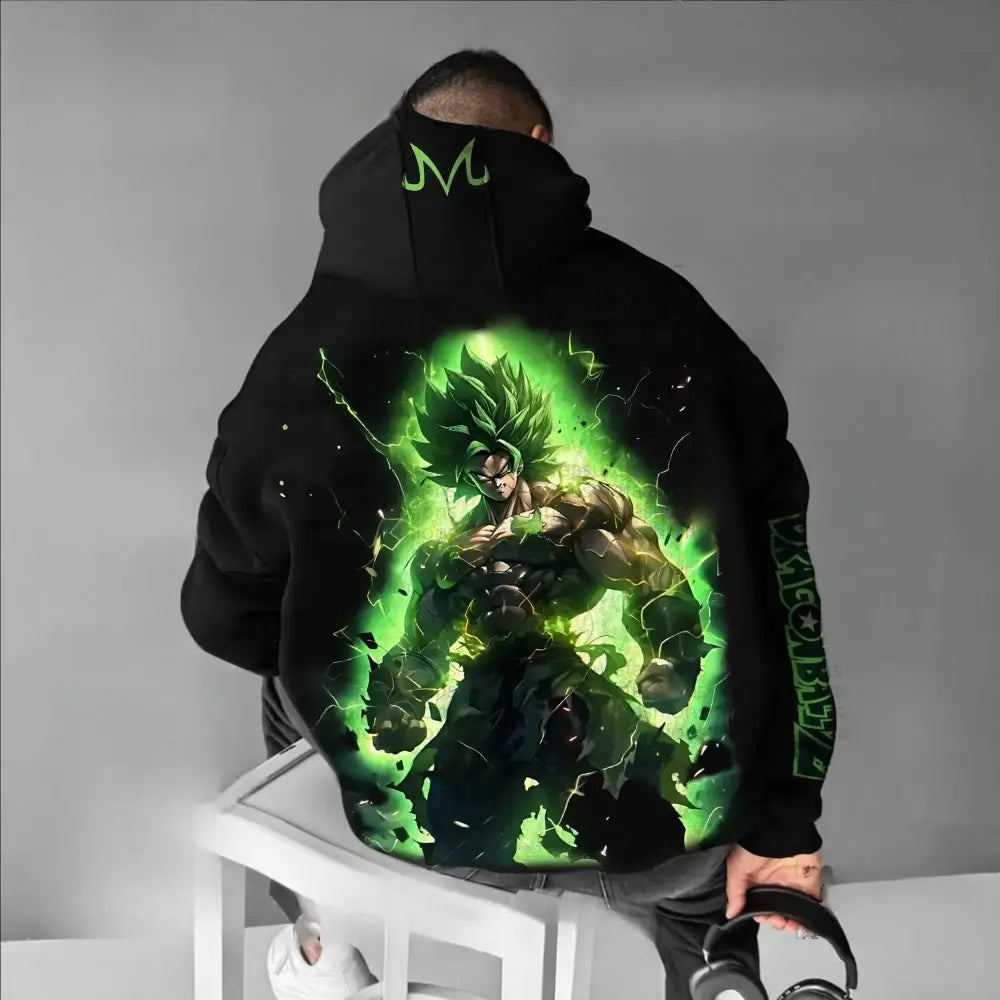 Black dragon ball broly oversized hoodie featuring vibrant green goku super saiyan design with lightning effects and sleeve text
