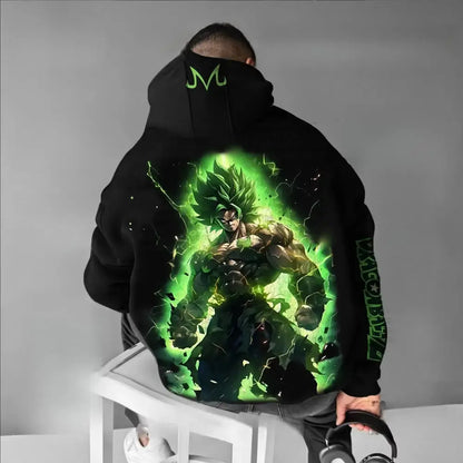 Black dragon ball broly oversized hoodie featuring vibrant green goku super saiyan design with lightning effects and sleeve text