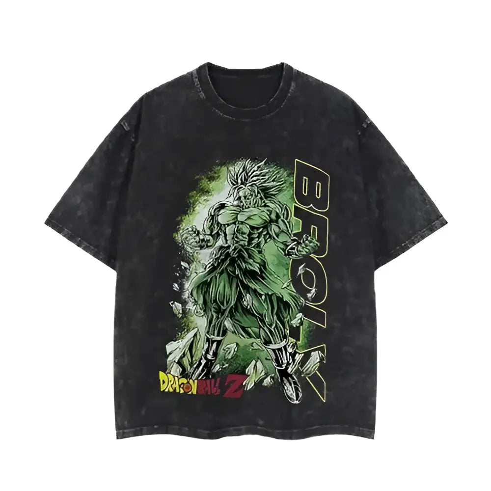 Black distressed cotton dragon ball broly vintage washed t-shirt with vibrant green goku super saiyan design and logo