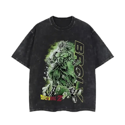 Black distressed cotton dragon ball broly vintage washed t-shirt with vibrant green goku super saiyan design and logo