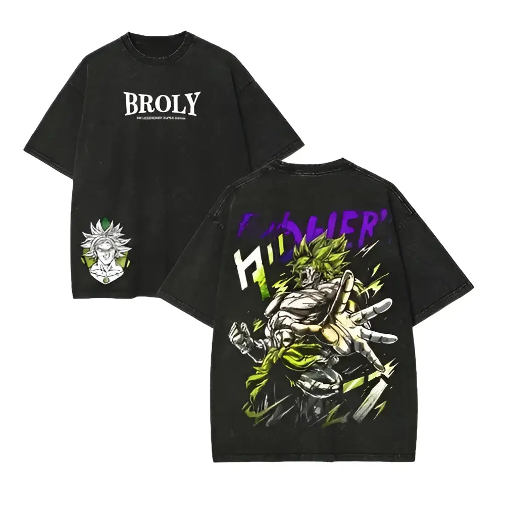 Black oversized vintage washed t-shirt featuring a vibrant green and purple dragon ball broly graphic with sleeve patch