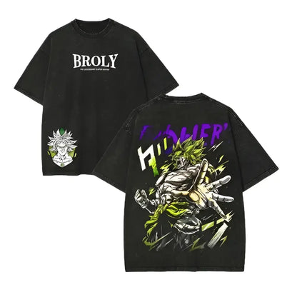 Black oversized vintage washed t-shirt featuring a vibrant green and purple dragon ball broly graphic with sleeve patch