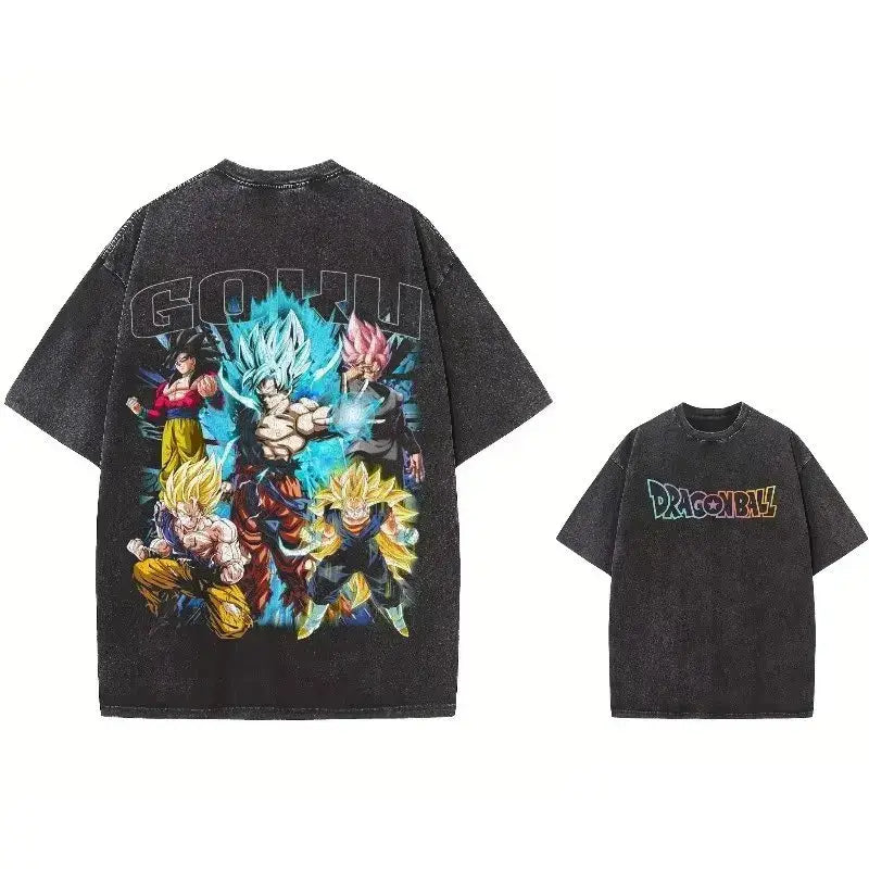Black distressed cotton vintage washed dragon ball broly oversized t-shirt with dragon ball characters graphic on back