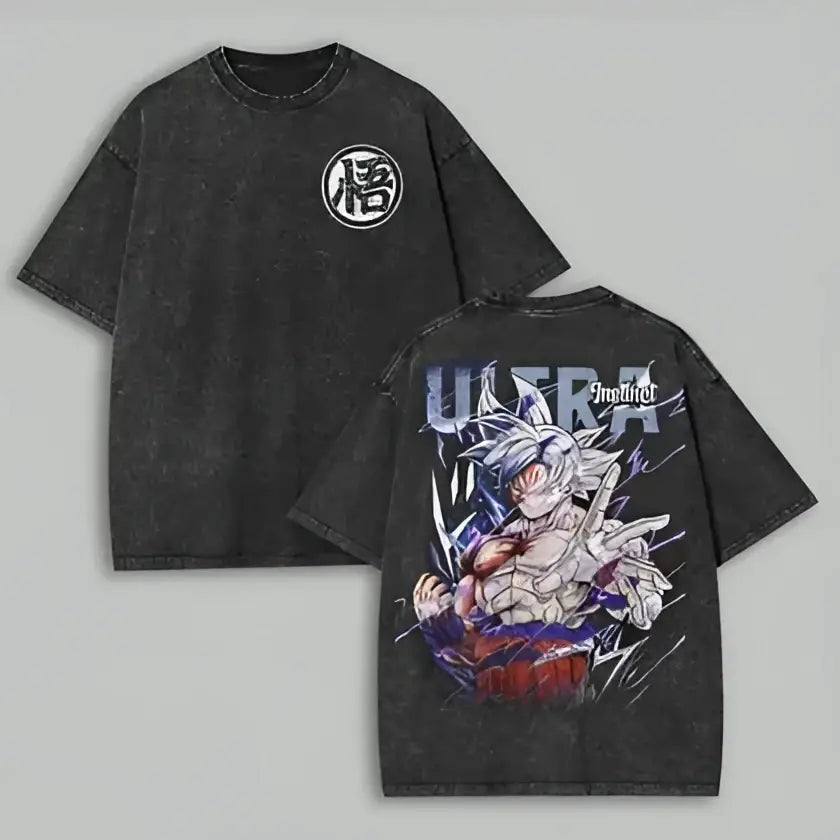 Black distressed cotton t-shirt with kamehameha symbol front and ultra instinct goku graphic back vintage washed dragon ball broly