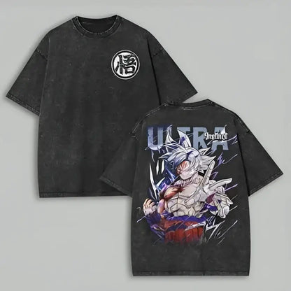 Black distressed cotton t-shirt with kamehameha symbol front and ultra instinct goku graphic back vintage washed dragon ball broly