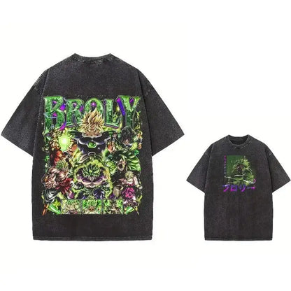 Black distressed cotton oversized t-shirt with vintage washed dragon ball broly graphic in green and purple