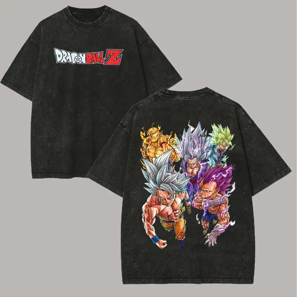 Black distressed dragon ball broly vintage washed oversized t-shirt with vibrant character graphic on the back and logo front