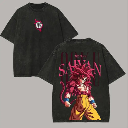Back side of black vintage washed oversized t-shirt featuring vibrant pink and red dragon ball broly goku graphic with savan text