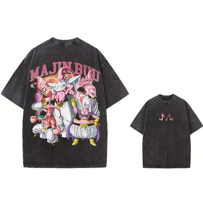Black oversized vintage washed dragon ball broly t-shirt with vibrant majin buu graphic on the back and stylized m logo front