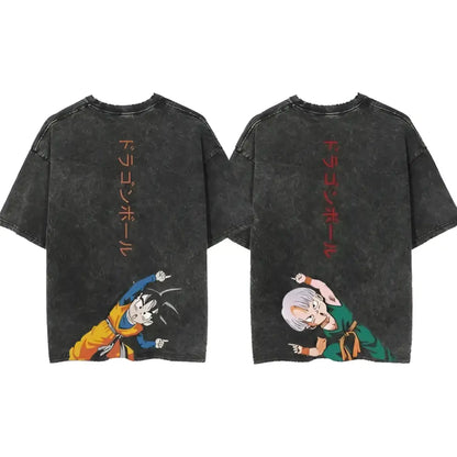 Black distressed cotton dragon ball broly vintage washed t-shirt with anime graphics and vertical japanese text on back