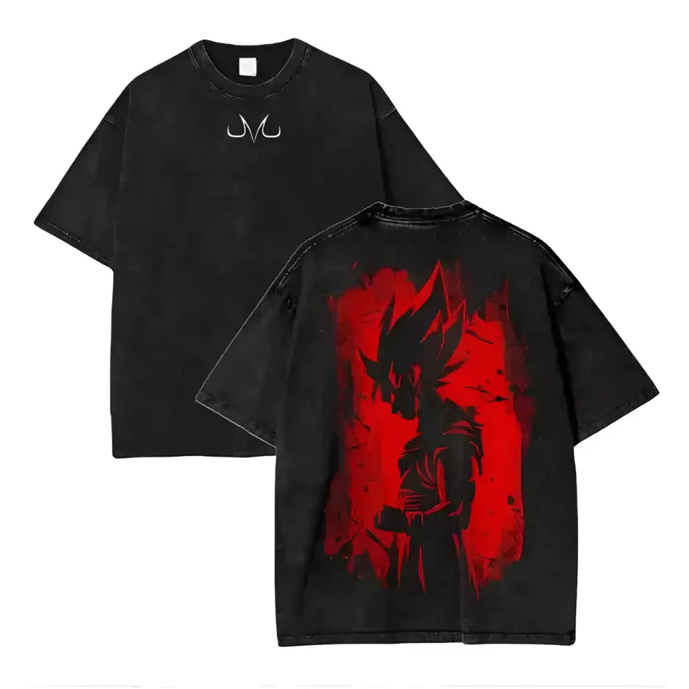 Black oversized vintage washed t-shirt showing the back with bold red and black dragon ball broly graphic and white jl logo