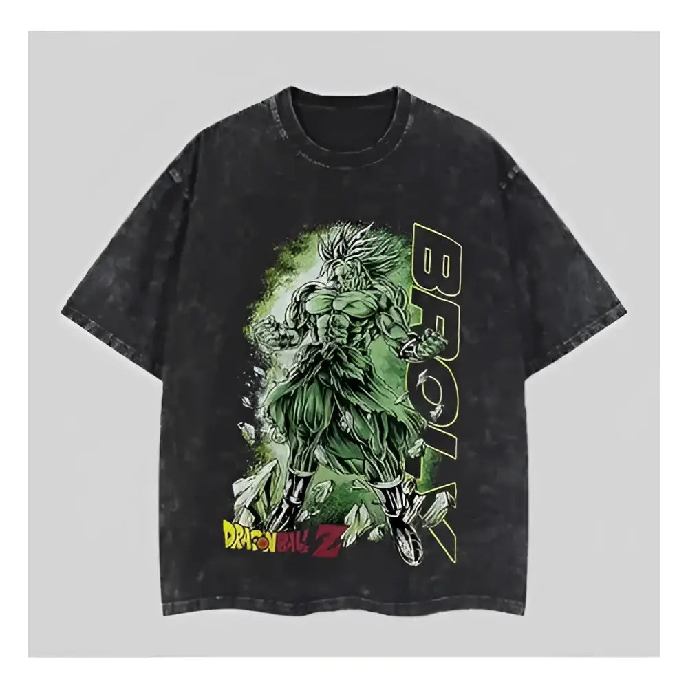 Black distressed cotton vintage washed oversized t-shirt with vibrant green goku super saiyan 4 and dragon ball broly graphic