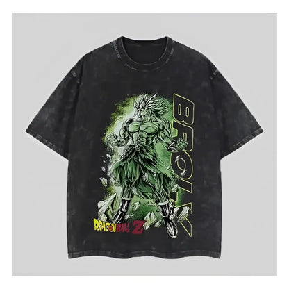 Black distressed cotton vintage washed oversized t-shirt with vibrant green goku super saiyan 4 and dragon ball broly graphic