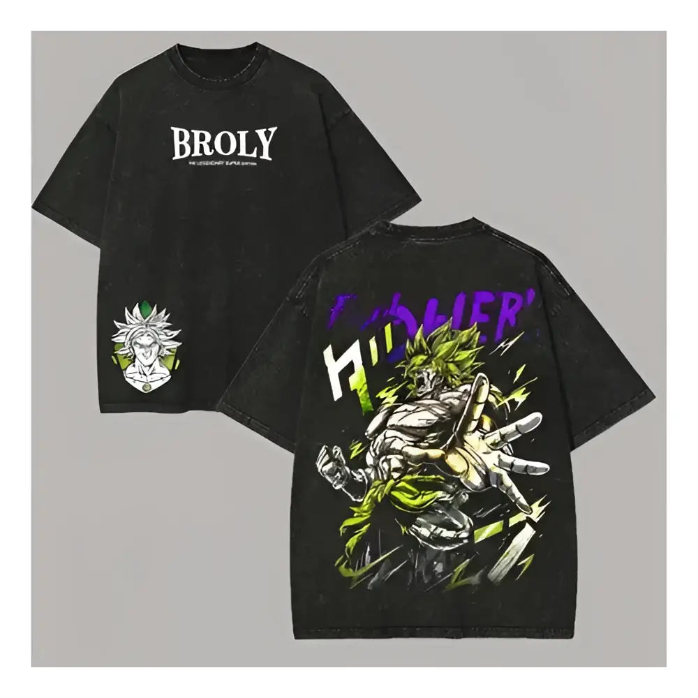 Black oversized Dragon Ball Broly vintage washed t-shirt with vibrant green and purple graphic on front and back
