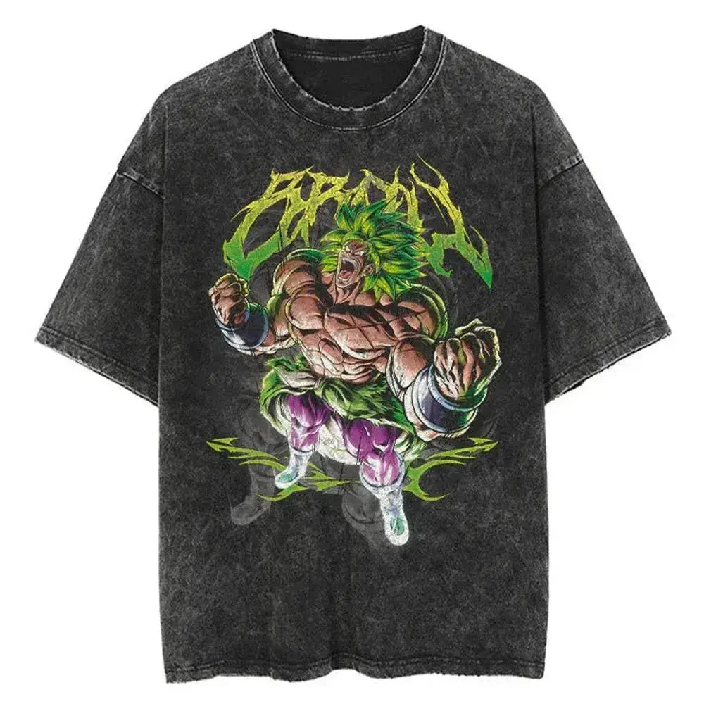 Black distressed cotton vintage washed t-shirt with vibrant green and purple dragon ball broly graphic