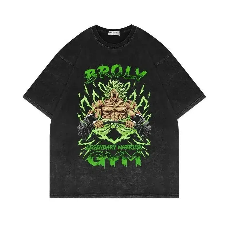 Black vintage washed oversized t-shirt featuring dragon ball broly lifting weights with lightning effects and text design