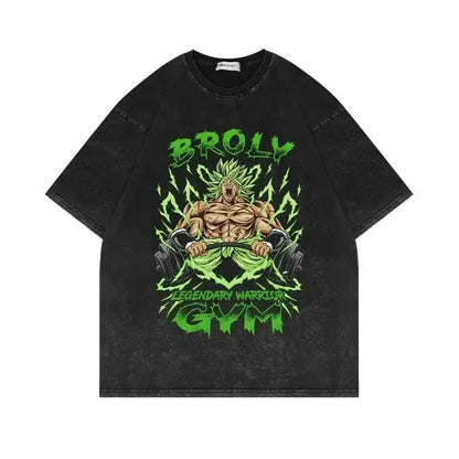 Black vintage washed oversized t-shirt featuring dragon ball broly lifting weights with lightning effects and text design