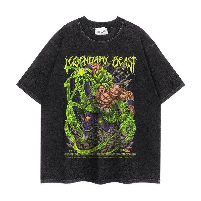 Black distressed vintage washed dragon ball broly oversized t-shirt with vibrant green purple goku legendary beast graphic