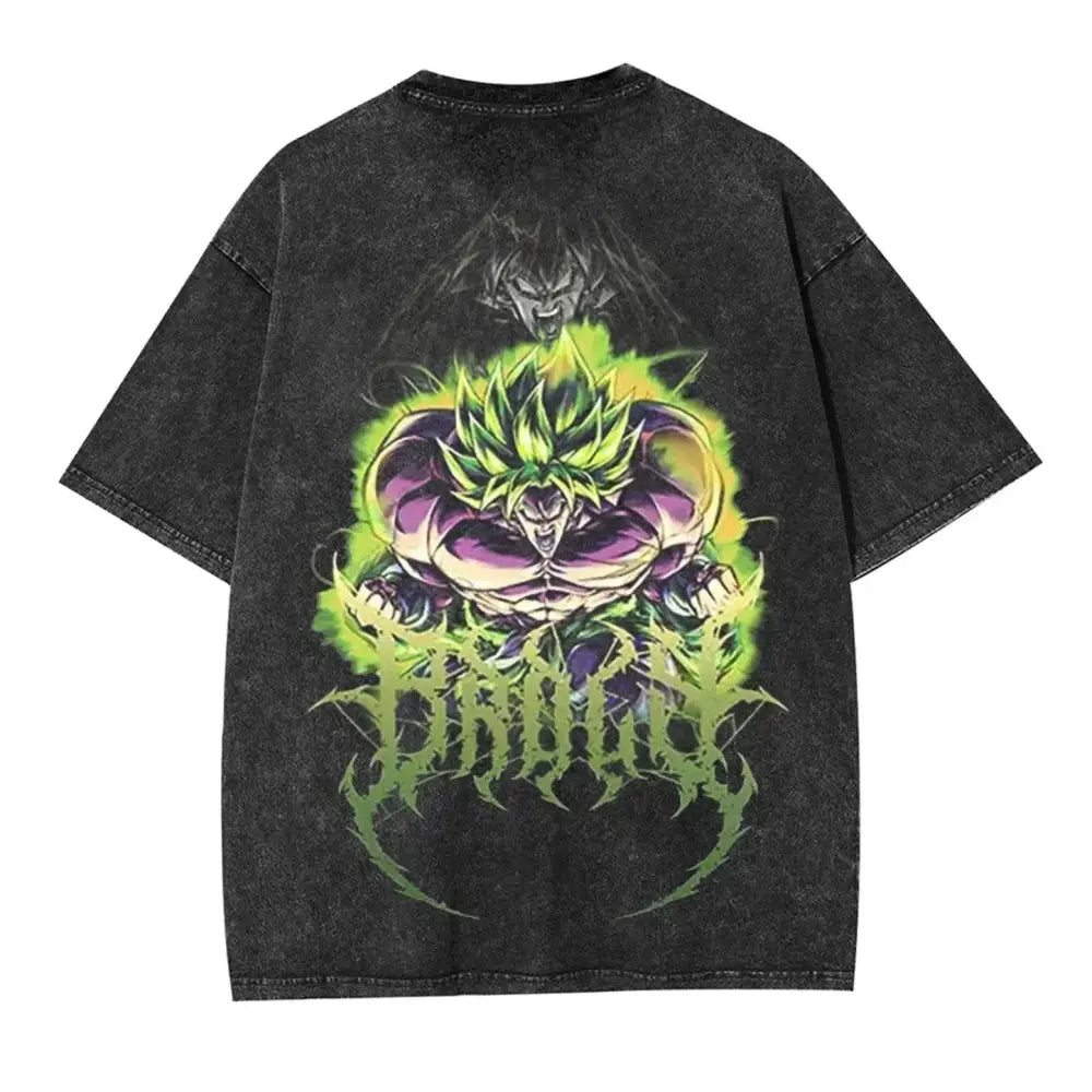 Black distressed denim t-shirt featuring vibrant green and purple dragon ball broly artwork vintage washed design