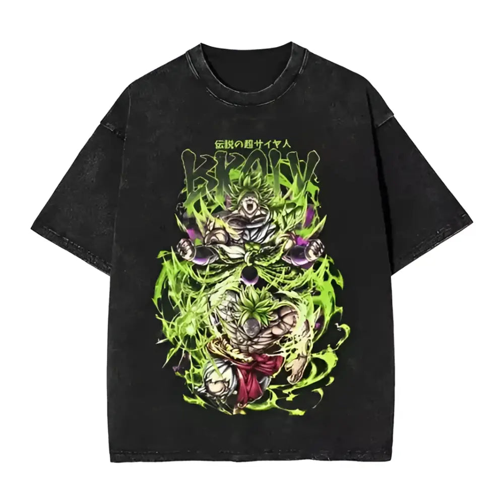Black distressed cotton vintage washed dragon ball broly oversized t-shirt with vibrant green and purple goku graphic