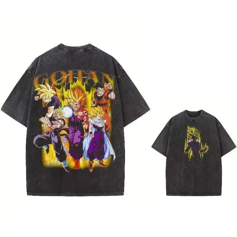Black oversized vintage washed t-shirt featuring vibrant dragon ball broly characters with gohan text print