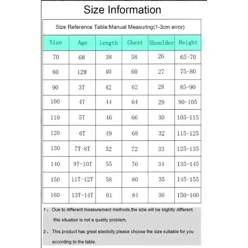 Size reference table for stretchy dragon ball bulma 3D printed t-shirt in gradient quick-dry fabric showing cm measurements
