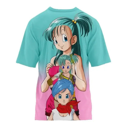 Teal and pink gradient quick-dry short-sleeved t-shirt with 3d printed full-body dragon ball bulma anime characters