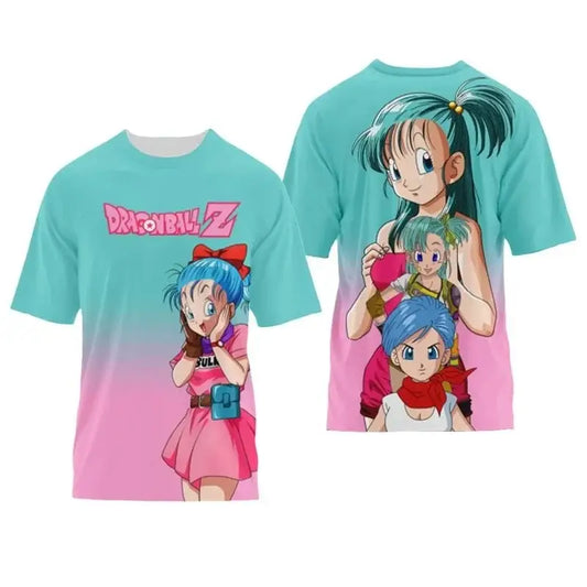 Teal and pink gradient dragon ball bulma t-shirt with full-body 3d prints of bulma trunks and goten quick-dry fabric
