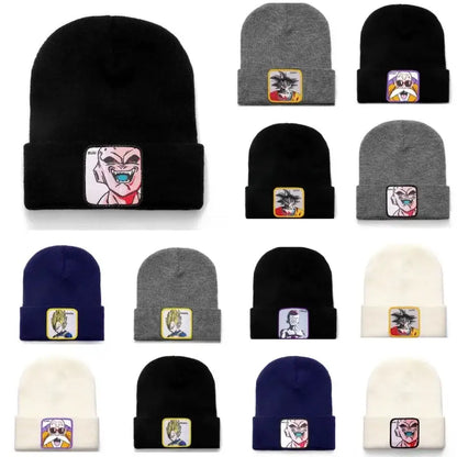 Black acrylic knit dragon ball beanie with embroidered dragon ball character patch featuring buu and frieza