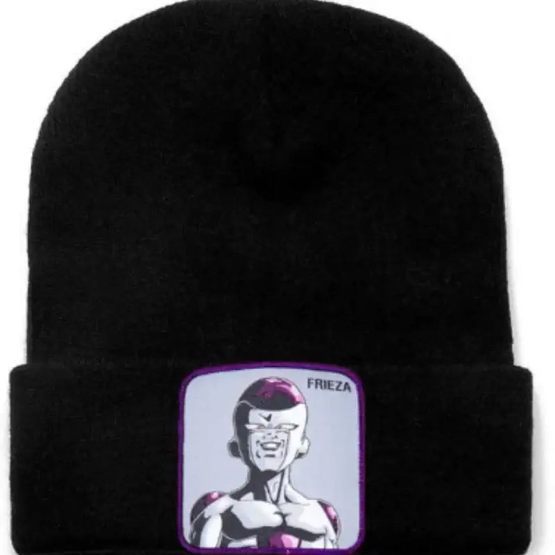 Black acrylic knit Dragon Ball beanie with an embroidered purple-bordered Frieza portrait patch
