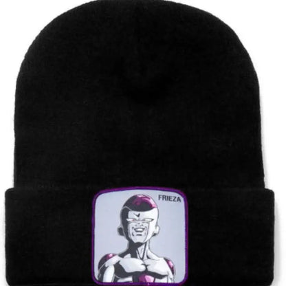 Black acrylic knit Dragon Ball beanie with an embroidered purple-bordered Frieza portrait patch