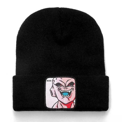 Black acrylic knit beanie featuring an embroidered knit square patch of buu from dragon ball z