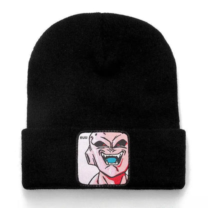 Black acrylic knit beanie featuring an embroidered knit square patch of buu from dragon ball z