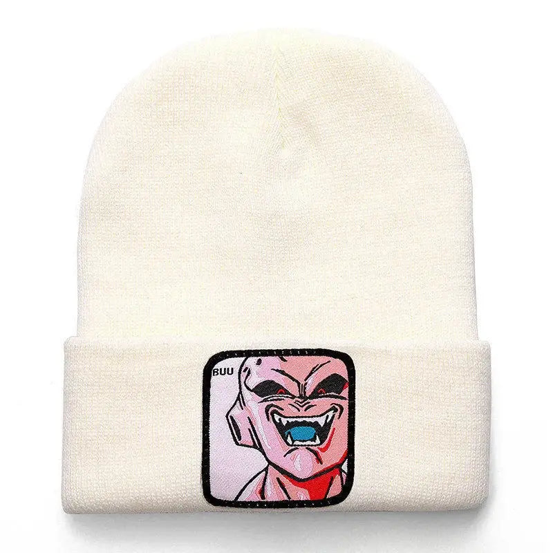 Cream-colored acrylic knit beanie featuring an embroidered knit square patch of buu from dragon ball z