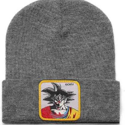 Gray acrylic knit dragon ball beanie with colorful embroidered goku patch dragon ball buu and frieza beanie