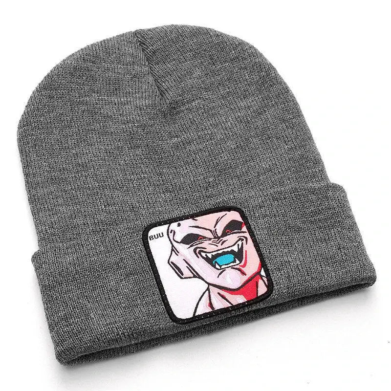 Gray acrylic knit dragon ball beanie with an embroidered patch of buu featuring pink skin and blue tongue