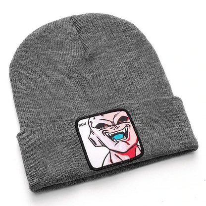 Gray acrylic knit dragon ball beanie with an embroidered patch of buu featuring pink skin and blue tongue