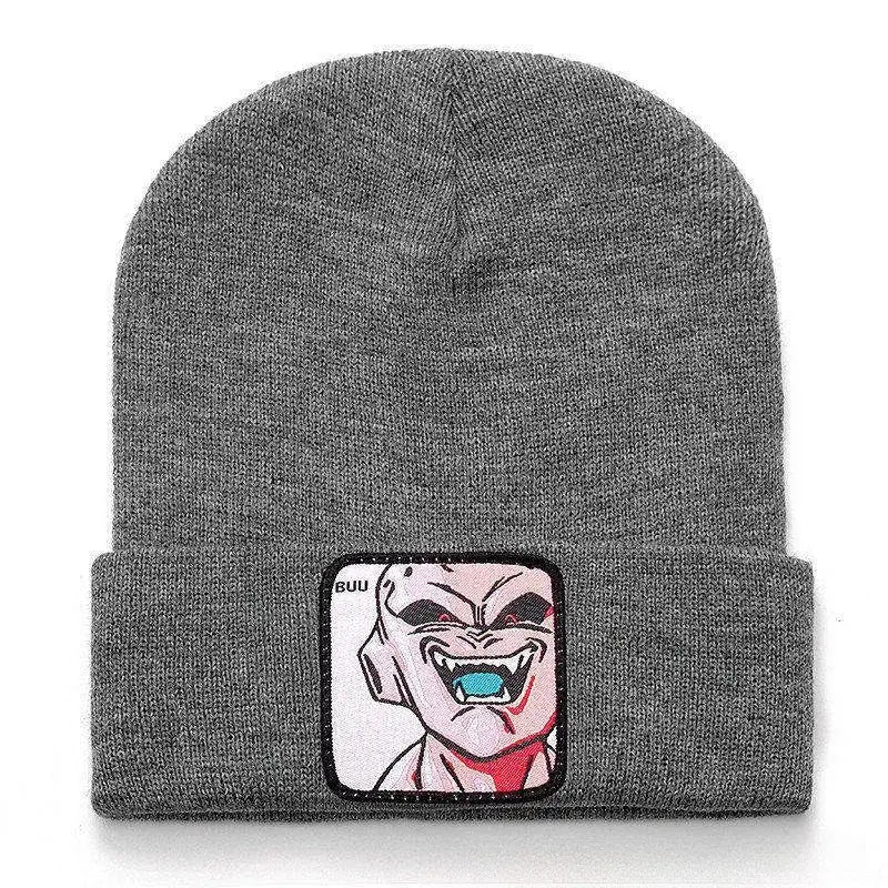 Gray acrylic knit beanie with embroidered knit patch of dragon ball character buu for casual wear