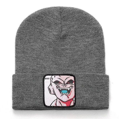 Gray acrylic knit beanie with embroidered knit patch of dragon ball character buu for casual wear