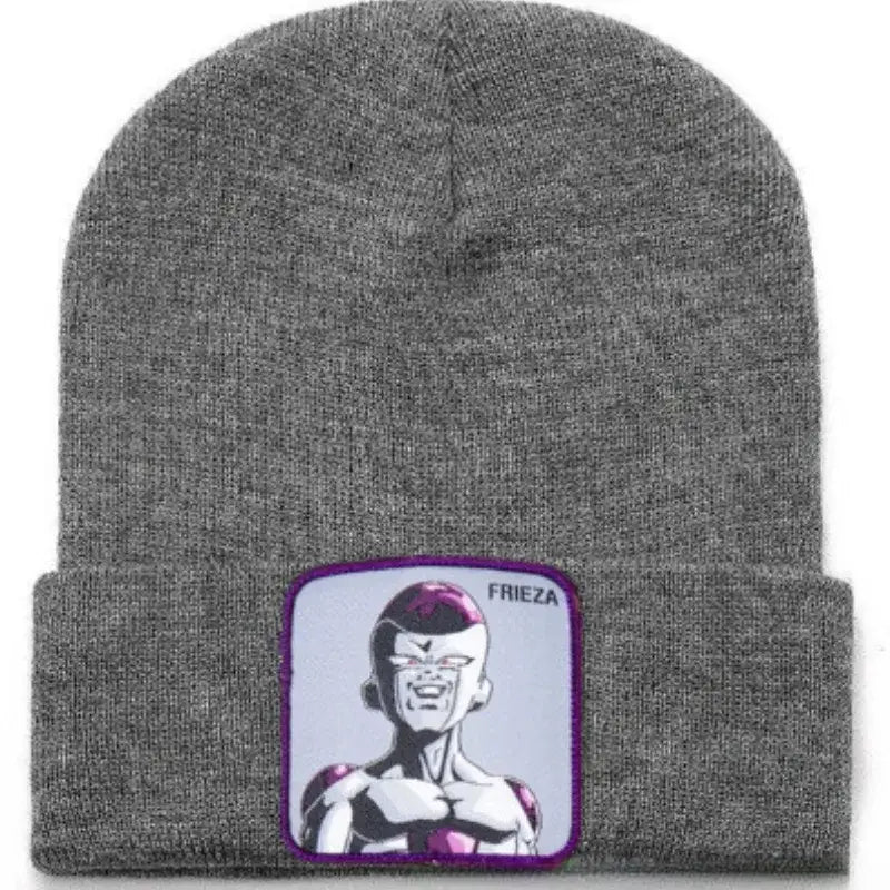 Gray heather acrylic knit dragon ball beanie with embroidered frieza portrait patch in purple and white