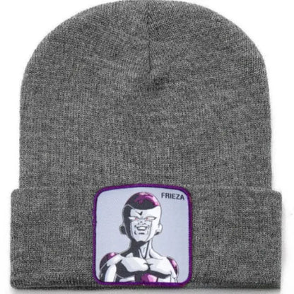 Gray heather acrylic knit dragon ball beanie with embroidered frieza portrait patch in purple and white