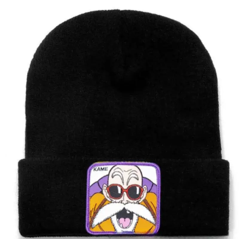 Black acrylic knit dragon ball beanie featuring an embroidered patch of master roshi in sunglasses and orange robe