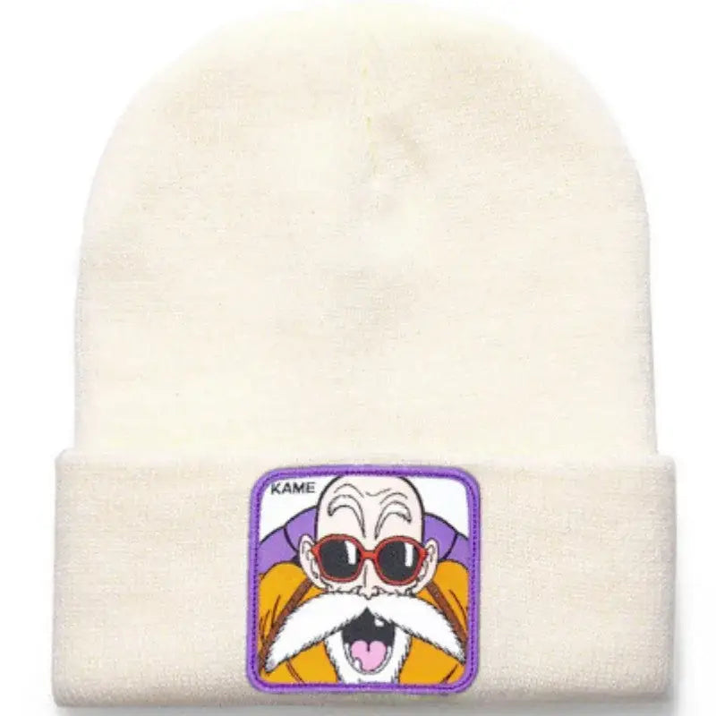 Cream-colored acrylic knit dragon ball beanie with embroidered master roshi patch wearing sunglasses and orange robe