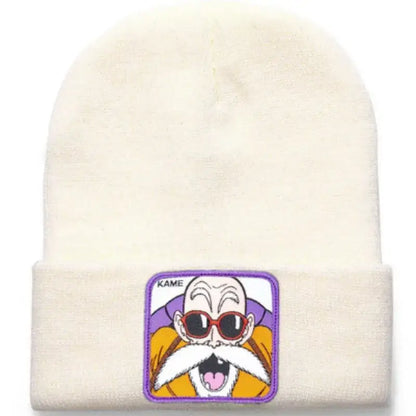 Cream-colored acrylic knit dragon ball beanie with embroidered master roshi patch wearing sunglasses and orange robe