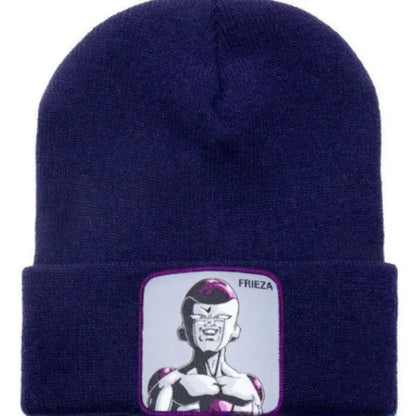 Dark blue acrylic knit dragon ball beanie featuring an embroidered knit patch of frieza in black white and purple