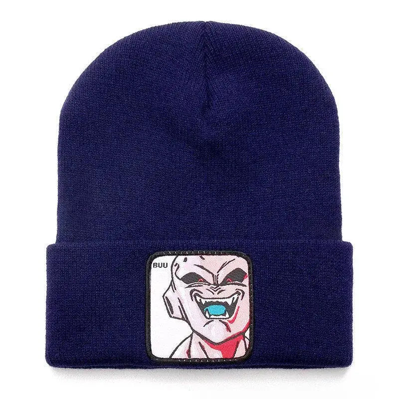 Dragon ball buu and frieza acrylic knit beanie in navy blue with an embroidered knit patch of buu character