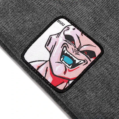 Square embroidered patch of dragon ball buu with pink skin red eyes on an acrylic embroidered knit beanie