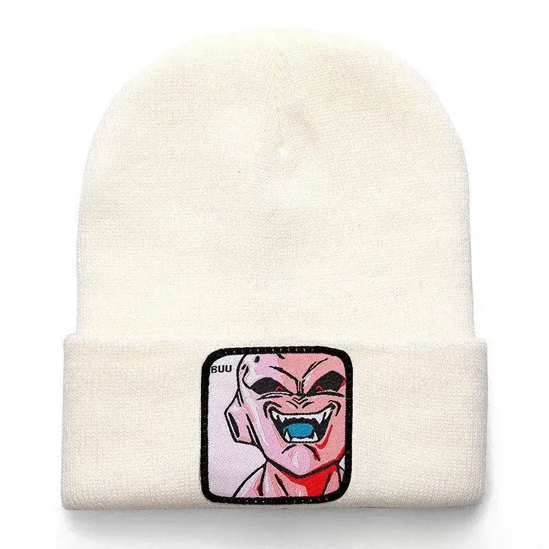 Cream-colored acrylic knit dragon ball beanie with embroidered knit patch featuring buu character