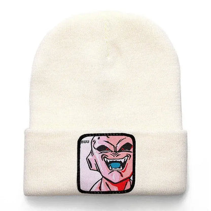 Cream-colored acrylic knit dragon ball beanie with embroidered knit patch featuring buu character
